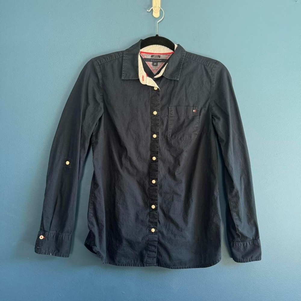 Tommy Hilfiger Navy Blue Button Up Shirt Women's Size Small Collared Preppy